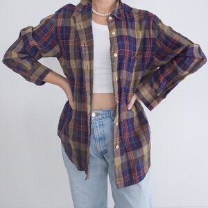 Lauren Ralph Lauren Purple Maroon Plaid Linen Blend Button Up Shirt M